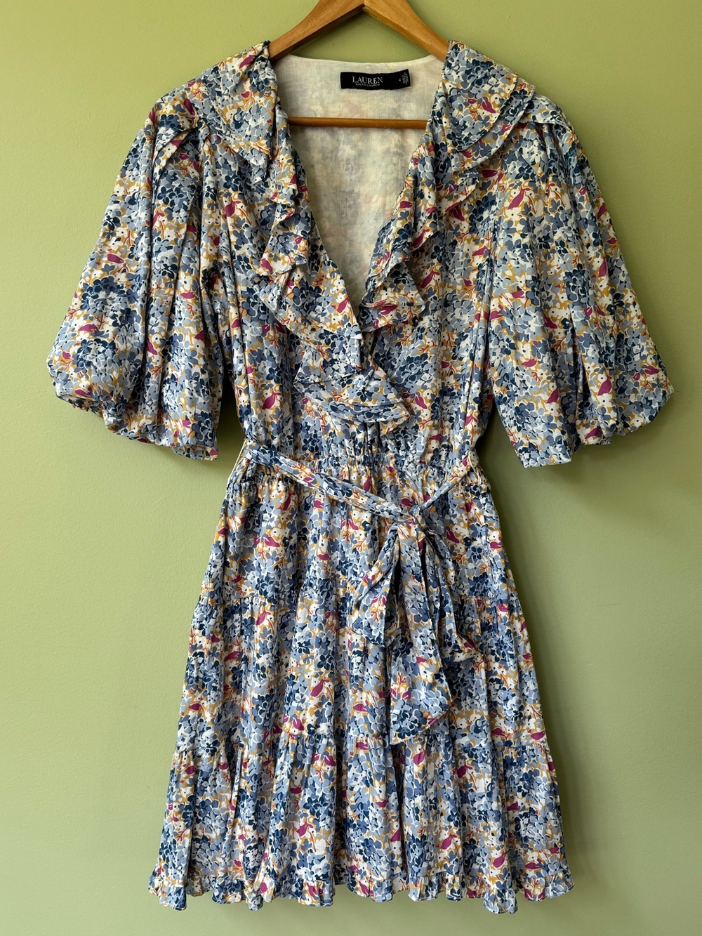 Lauren Ralph Lauren NWOT Black Label Floral Ruffle Cotton Voile Blue Pink Dress